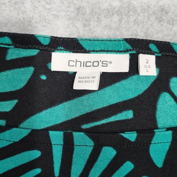 CHICO'S Travelers Top L Green Black Abstract Crewneck Pullover Stretch Slinky - Picture 7 of 10
